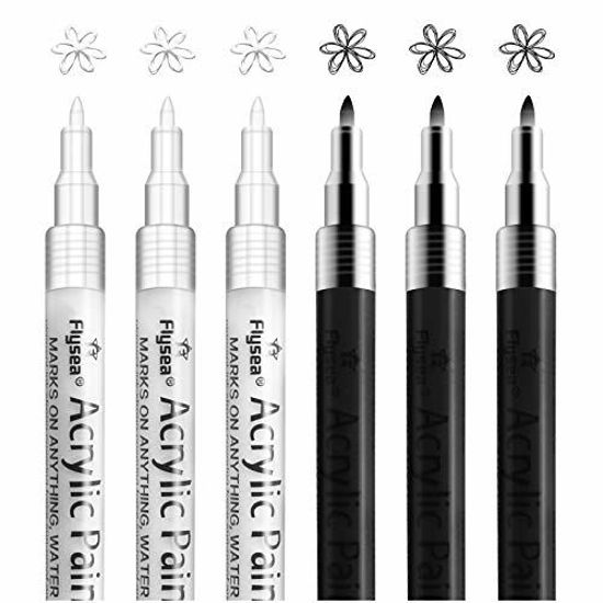 Picture of Paint Pen White Black Acrylic Marker Set for Rock Wooden Tire Metal Leather Glass Painting, 0.7mm Fine Point Quick Drying (3pcs Black +3pcs White)