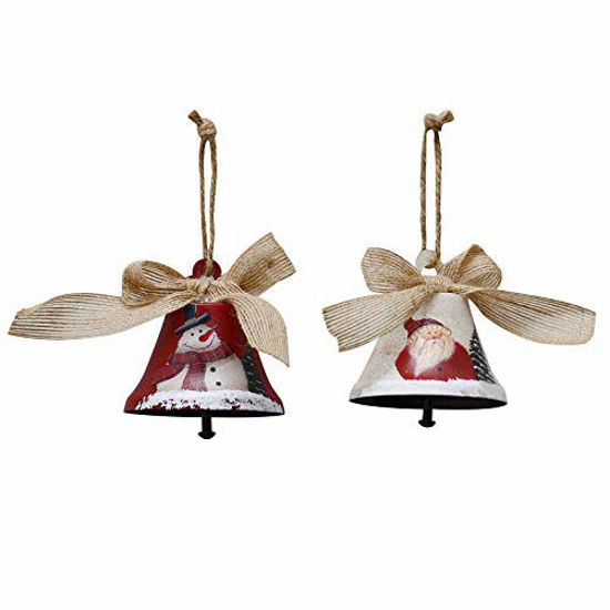 Picture of Attraction Design Christmas Jingle Bell Hanging Ornament Set of 2, 3.5X3.15 Inch Rustic Christmas Tree Snowman Decoration Bell Ornament Wall Door Hanging Decoration Party Decor Xmas Gifts