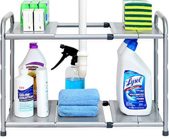 Picture of SimpleHouseware Under Sink 2 Tier Expandable Shelf Organizer Rack, Silver (expand from 15 to 25 inches)