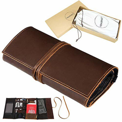 Picture of Genuine Leather Electronics Cable Organizer Roll Up Case Cord Bag Travel Pouch for USB Cable, SD Card, Charger, Earphone, Passport, Cash, Coins, Phone, Flash Drive by BY BARNEY