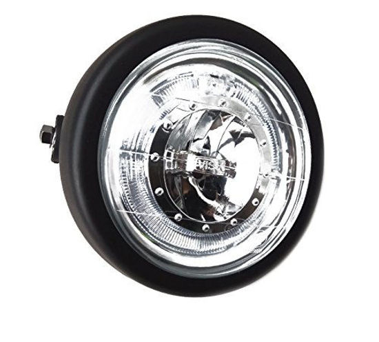 Picture of TASWK 6 1/2" CREE LED Motorcycle Retro Black Clear Lens Headlight Halo Ring for Bobber Cafe Racer Cruiser Vintage Style