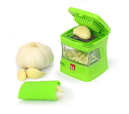 Picture of Kitchen Innovations Garlic-A-Peel Garlic Press, Crusher, Cutter, Mincer, and Storage Container - Includes Silicone Garlic Peeler - Easy to Clean - Stainless Steel Blades - (Green)