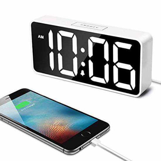 Picture of 7.5" Large LED Digital Alarm Clock with USB Port for Phone Charger, 0-100% Dimmer, Touch-Activated Snooze, Outlet Powered (White)