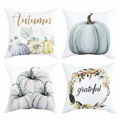 Picture of Autumn Decorations Pumpkin Throw Pillow Cover Cushion Couch Cover Pillow Cases Set of 4 for Autumn Halloween Thanksgiving Day (Blue-gray,18 X 18 Inch)