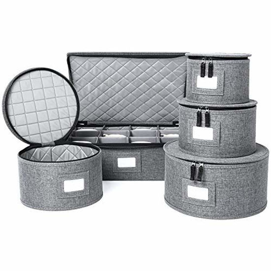 Picture of China Storage Set, Hard Shell and Stackable, for Dinnerware Storage and Transport, Protects Dishes Cups and Mugs, Felt Plate Dividers Included (Grey, 5 Piece Set)