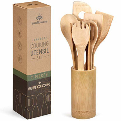 Picture of Wooden Bamboo Cooking Utensils Set - 8pcs Wood Kitchen Utensil Set with Holder - Wooden Spoons for Cooking & Spatulas for Nonstick Cookware | Easy to Clean | Great Gift