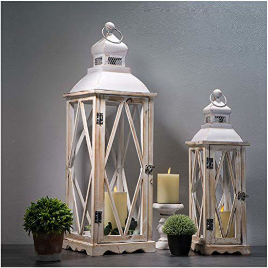 Picture of Glitzhome Farmhouse Wood Metal Lanterns Decorative Hanging Candle Lanterns White Set of 2 (No Glass)