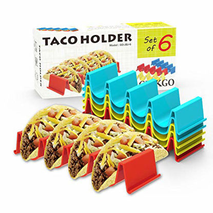 Picture of GINKGO Taco Holder Stand Set of 6 - Taco Truck Tray Style Rack, Holds Up to 4 Tacos Each, ABS Health Material Very Hard and Sturdy, Dishwasher Top Rack Safe, Microwave Safe