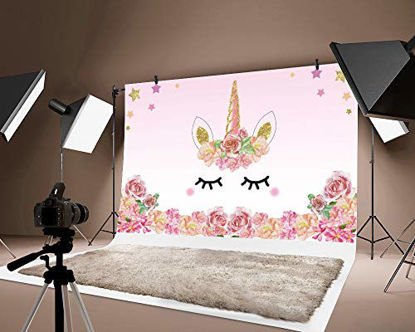 Picture of Laeacco 5x3ft Photography Background Unicorn Birthday Party Photo Backdrop Background Watercolor Flowers Roses Cute Stars Smiling Face Baby Shower Unicorn Head Sweet Pink Girls Photo Portrait Stduio