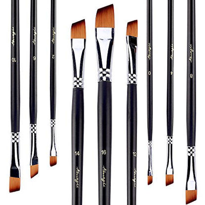 Picture of Amagic Angled Flat Tipped Brushes with Case, Art Angular Paintbrush Set for Acrylic Oil Watercolor, Professional Painting Kits with Synthetic Nylon Tips, Set of 9