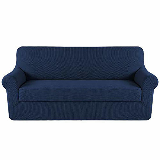 Picture of H.VERSAILTEX Stretch Sofa Covers 2 Piece for 3 Cushion Couch Covers Sofa Slipcovers Furniture Covers (Base Cover & Seat Cushion Cover) Feature Deluxe Textured Jacquard (Standard Sofa, Navy)