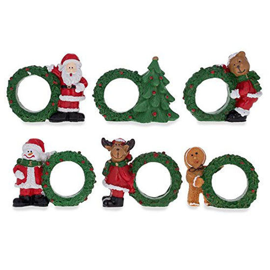 Picture of BestPysanky Set of 6 Santa, Snowman, Reindeer Christmas Wreath Napkin Rings 2.5 Inches