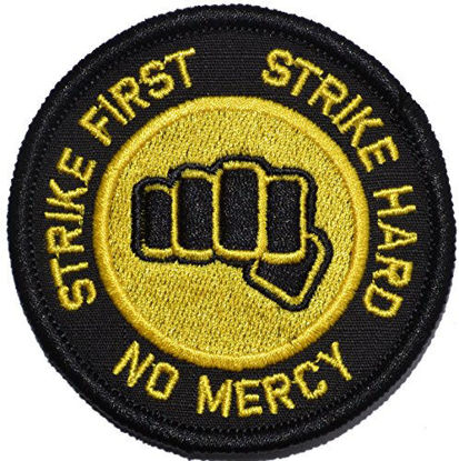 Picture of Strike First Strike Hard No Mercy Cobra Kai Motto 3in Diameter Patch (Black w/Yellow)