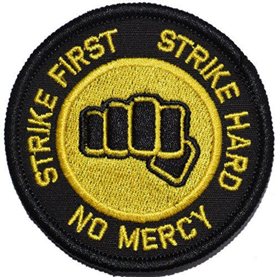 Picture of Strike First Strike Hard No Mercy Cobra Kai Motto 3in Diameter Patch (Black w/Yellow)