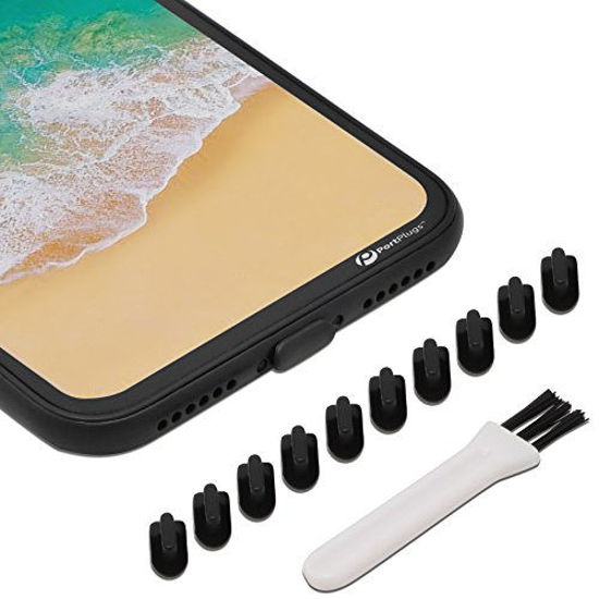 Picture of PortPlugs - Anti Dust Plugs - Compatible with iPhone 7, 8 Plus, X, XS, XR (10 Pack) - Port Cleaning Brush Included (Black)