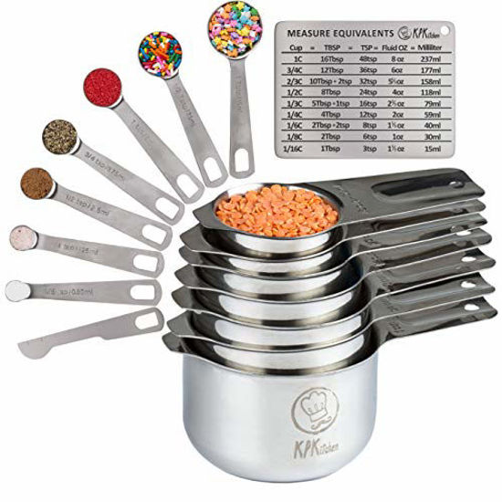 Picture of Stainless Steel Measuring Cups and Spoons Set: 7 Cup and 7 Spoon Metal Measure Sets of 16 Piece for Dry & Liquid Measurement - Kitchen Gadgets & Utensils for Cooking Food & Baking - Best for Nesting