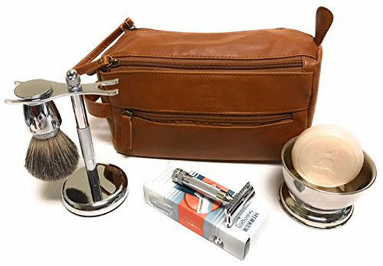 Picture of GBS Deluxe Travel Set with 34c-Made in Solingen Germany MK 34 -Doppler Bag + Shaving Bowl with Soap, Razor & Brush Stand+Blades Enjoy This Classic Vintage Wet Shave Set for Men with German made razor