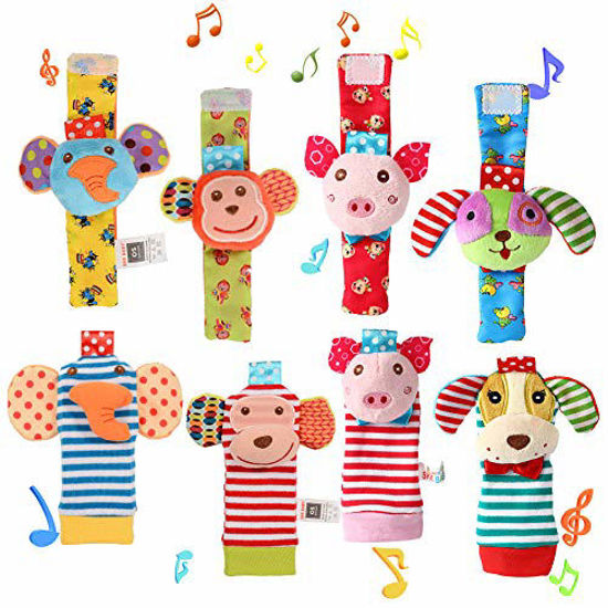 Picture of ThinkMax Wrist Foot Rattles for Baby, 8 Pcs Soft Animal Wrist Rattles and Foot Finder Socks - Elephant, Monkey, Piggy and Puppy