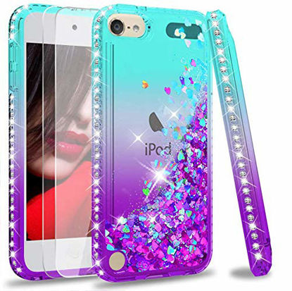Picture of iPod Touch 7 Case, iPod Touch 6 Case, iPod Touch 5 Case with Tempered Glass Screen Protector [2 Pack] for Girls, LeYi Glitter Liquid Clear Phone Case for Apple iPod Touch 7th/ 6th/ 5th Gen Teal/Purple