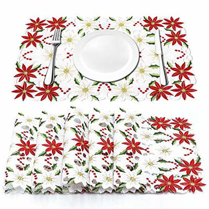 Picture of AerWo 6Pcs Christmas Holiday Placemats, Embroidered Poinsettia Christmas Table Place Mats for Christmas Dinner Christmas Table Decorations 12 × 18 Inch