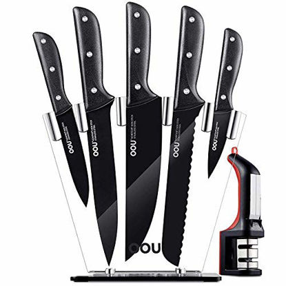 Picture of Kitchen Knife Set, OOU 7pcs High Carbon Stainless Steel Kitchen Knives for Kitchen Cooking, Ultra Sharp & Full Tang Fixed with Triple Rivets, Unique BO Tech, Professional Chef Knife Set - Black
