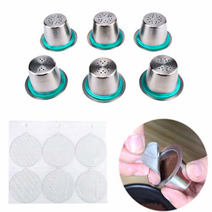 Picture of FineInno 6 Packs Reusable Coffee Capsules Refillable Capsules Stainless Steel Seal Pods Coffee Filter,Include 6 Foil Lids