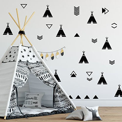 Picture of The Boho Design Black Tents Wall Vinyl Decal. Tent Sticker Nursery. Adhesive Tribal TeePees for Kids Baby Nordic Bedroom Decoration