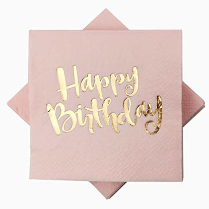 Picture of Pink Happy Birthday Cocktail Napkins 100Counts 3ply /5'' Disposable Rose Gold Foil Paper Napkins Perfect for Happy Birthday Party Everyday Birthday for Girls