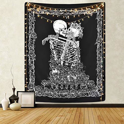 Picture of Skull Tapestry The Kissing Lovers Tapestry Black Tarot Tapestry Human Skeleton Tapestry for Room