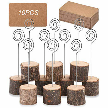 Picture of Toncoo 10Pcs Premium Wood Place Card Holders with Swirl Wire and 20 Pcs Kraft Place Cards, Rustic Wood Table Number Holders Stands, Name Cards Photo Holders for Wedding Party Sign Food Cards Label