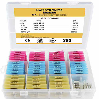 Picture of Haisstronica 200PCS Marine Grade Heat Shrink Butt Connectors,26-10 Gauge Heat Shrink Wire Connectors-Tinned Red Copper Waterproof Wire Connectors-Insulated Electrical Wire Connectors(4Colors/4Sizes)