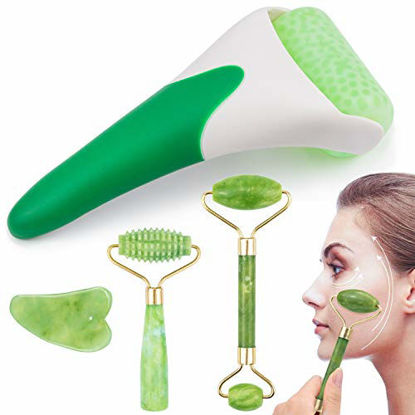 Picture of EAONE 4 in 1 Ice Roller Jade Roller Eyes Facial Massage Kits Skin Roller for Face Eyeball Neck Massage (1 Pc Cooling Roller, 1Pc Double Head Jade Roller, 1Pc Single Head Jade Roller, 1Pc Gua Sha Tool)