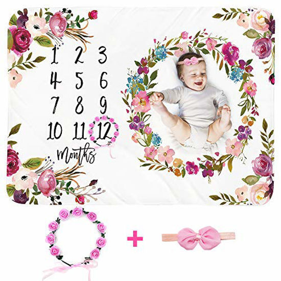 Picture of Baby Monthly Milestone Blanket Girl - Large 60''x40'' Floral Plush Fleece Photography Background Prop Newborn Soft Wrinkle-Free Flower Blanket Bonus Wreath Headband