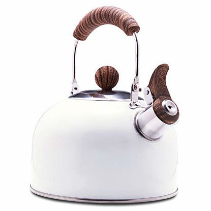 Picture of ROCKURWOK Tea Kettle, Stovetop Whistling Teapot, Stainless Steel, Pearl White, 2.43-Quart
