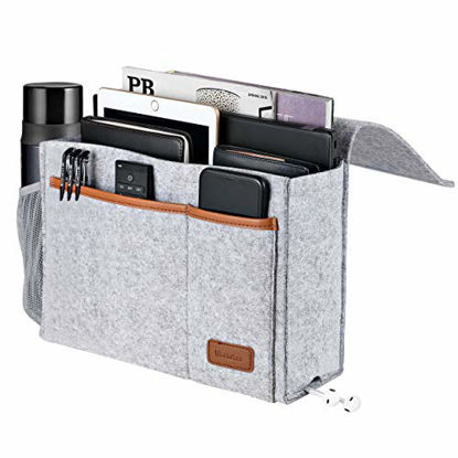 Picture of Bedside Caddy, Felt Bed Storage Organizer Hanging Bag Holder with 5 Pockets, Magazine Book Phone Tablet iPad Cables Remote and Water Bottle Holder for Home Dorm Bed Sofa, Light Gray