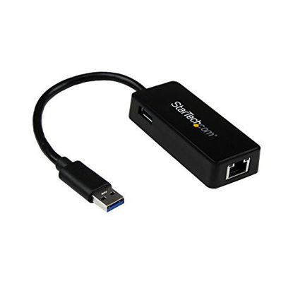Picture of StarTech.com USB 3.0 Ethernet Adapter - USB 3.0 Network Adapter NIC with USB Port - USB to RJ45 - USB Passthrough (USB31000SPTB)