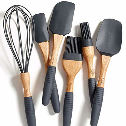 Picture of PortoFino 6 Pc. Baking Utensil Set - Beech Wood & Silicone - Cooking / Kitchen Tools - 9 Large Spatula, Small Spatula, Spoon Spatula, Flat Pastry Brush, Round Pastry Brush, 12 Whisk, Gray