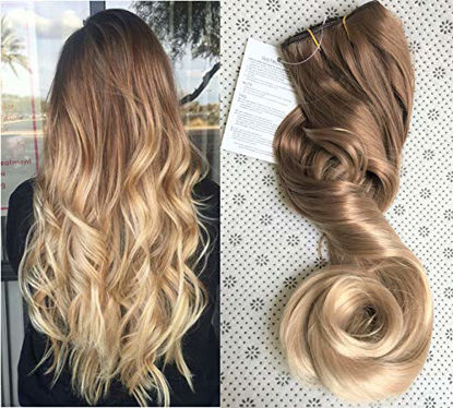 Picture of 20 Inches 3/4 Full Head One Piece Ombre Dip Dyed Loose Curls Wavy Curly Clip-in Hair Extensions (light brown to sandy blonde)