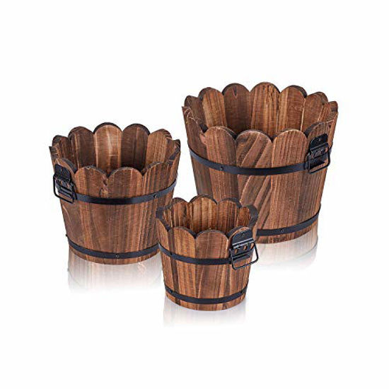 Picture of Wooden Bucket Barrel Planters, Rustic Patio Planters Flower Pots for Plants Indoor Décor, Set of 3