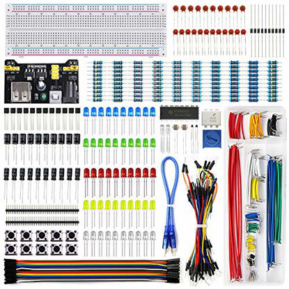 Picture of REXQualis Electronics Component Fun Kit w/Power Supply Module, Jumper Wire, 830 tie-Points Breadboard, Precision Potentiometer,Resistor Compatible with Arduino, Raspberry Pi, STM32