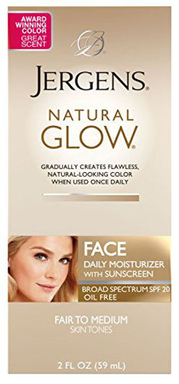 Picture of Jergens Natural Glow Face Moisturizer with SPF 20, Self Tanner for Fair to Medium Skin Tone, Daily Facial Sunscreen Lotion, 2 Ounce, Oil Free