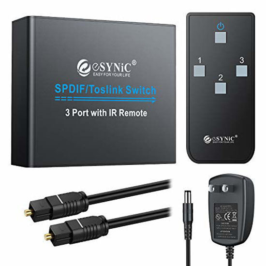 Picture of eSynic 3 Port Toslink Switch Digital Optical Audio Switcher 3X1 with IR Remote Control Aluminum Alloy SPDIF Switcher 3 in 1 Out with 6.6ft Optical Cable Supports PCM2.0 5.1CH DTS AC3