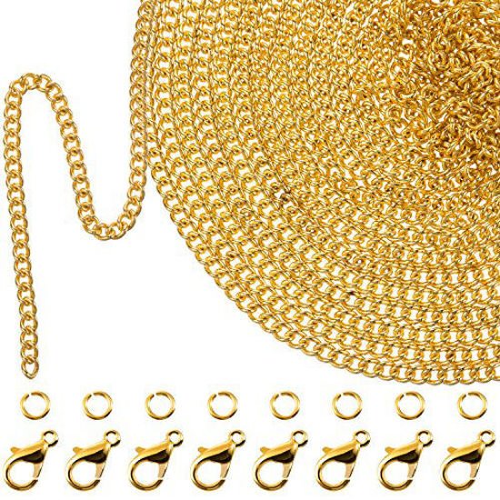 Picture of TecUnite 33 Feet Gold Plated Link Chain Necklace with 30 Jump Rings and 20 Lobster Clasps for Men Women Jewelry Chain DIY Making (1.5 mm)