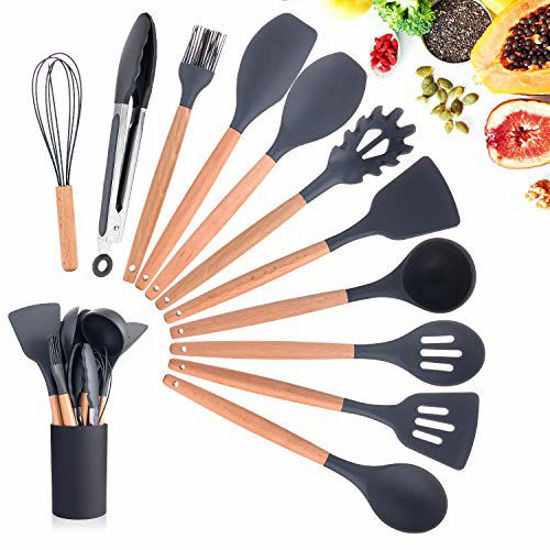 Non-toxic Silicone Kitchen Cooking Utensils Set Natural Wooden