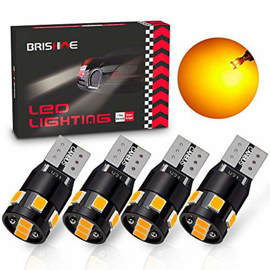 Picture of BRISHINE 300LM Extremely Bright Canbus Error Free 194 168 2825 192 W5W T10 LED Bulbs Amber Yellow 9-SMD 2835 LED Chipsets for Side Marker Turn Signal Blinker Map Door Parking Lights (Pack of 4)