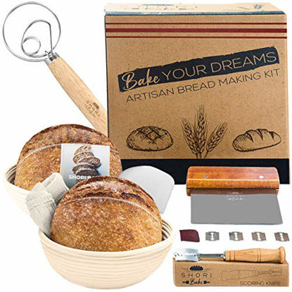 Picture of Shori Bake Banneton Bread Proofing Basket Set of 2 Round 9 Inch + Sourdough Bread Making Tools Kit, Baking Gifts for Bakers, Brotform Liner, Bread Lame, Dough Scraper, Bowl Scraper, Danish Dough Whisk