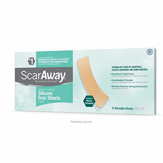 Picture of ScarAway Advanced Skincare Long Silicone Scar Sheets for Hypertrophic Scars and Keloids Caused by Surgery, Injury, Burns, C-Section and More, 1.5" x 7", 12 Sheets