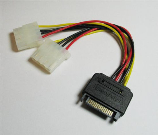 Picture of 6" SATA 15-Pin Male to Dual 4-Pin Molex Female Y Splitter Adapter Cable