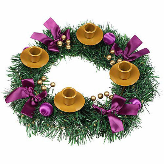 Picture of MorTime Christmas Advent Wreath, 14 in Purple Ribbon Christmas Wreath Advent Ring Candle Holder, Christmas Centerpiece Decoration with Glitter Berries for Winter Holidays Home Decor