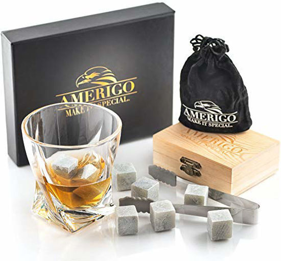 Luxury Whiskey Glass Set of 2, Gift Set in Wooden Box, Includes 9 Whiskey Ice Stones, Velvet Bag and Stainless Steel Tongs. Great Gift for Men, Dad